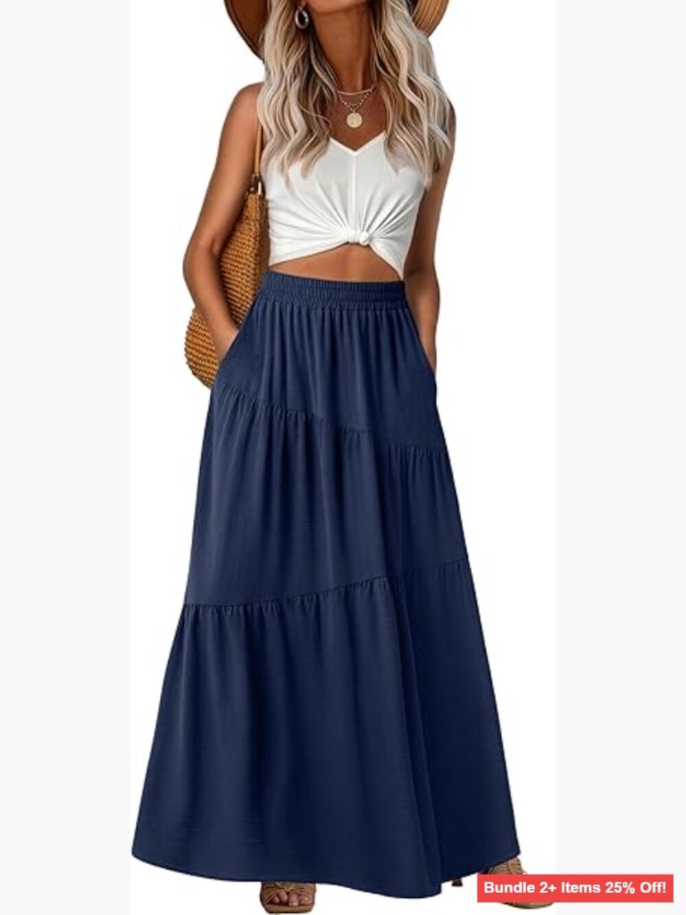 Maxi Skirt with Pockets, Elastic Waist, Lightweight Polyester, Size Medium